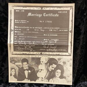 ELVIS : Copy of Elvis Presley and Priscilla Beaulieu Marriage Certificate